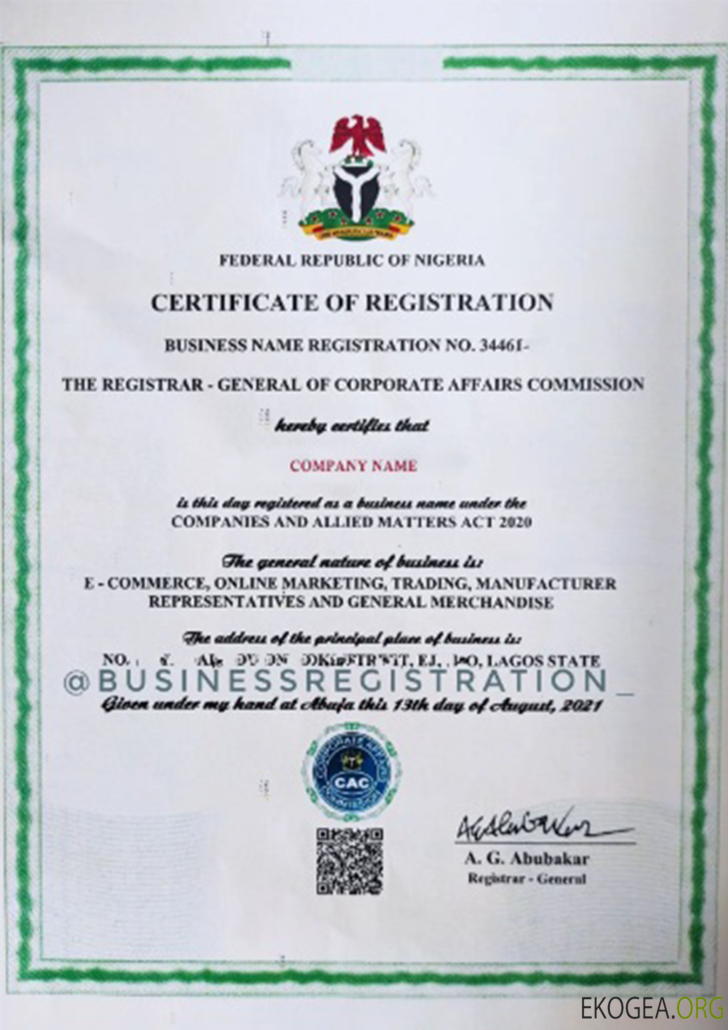 Nigéria Certificat d'enregistrement